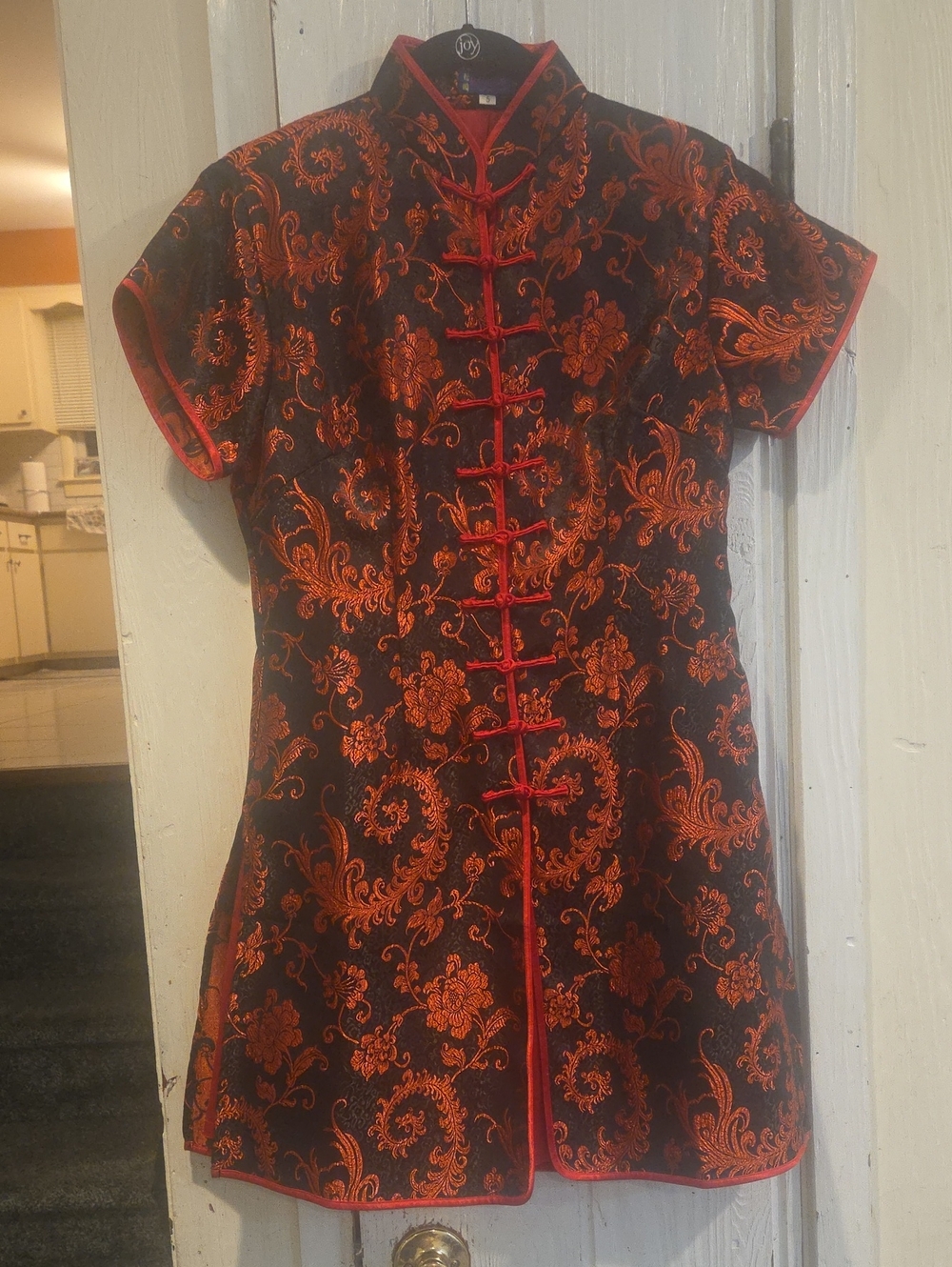 Red Floral Brocade Mandarin Dress